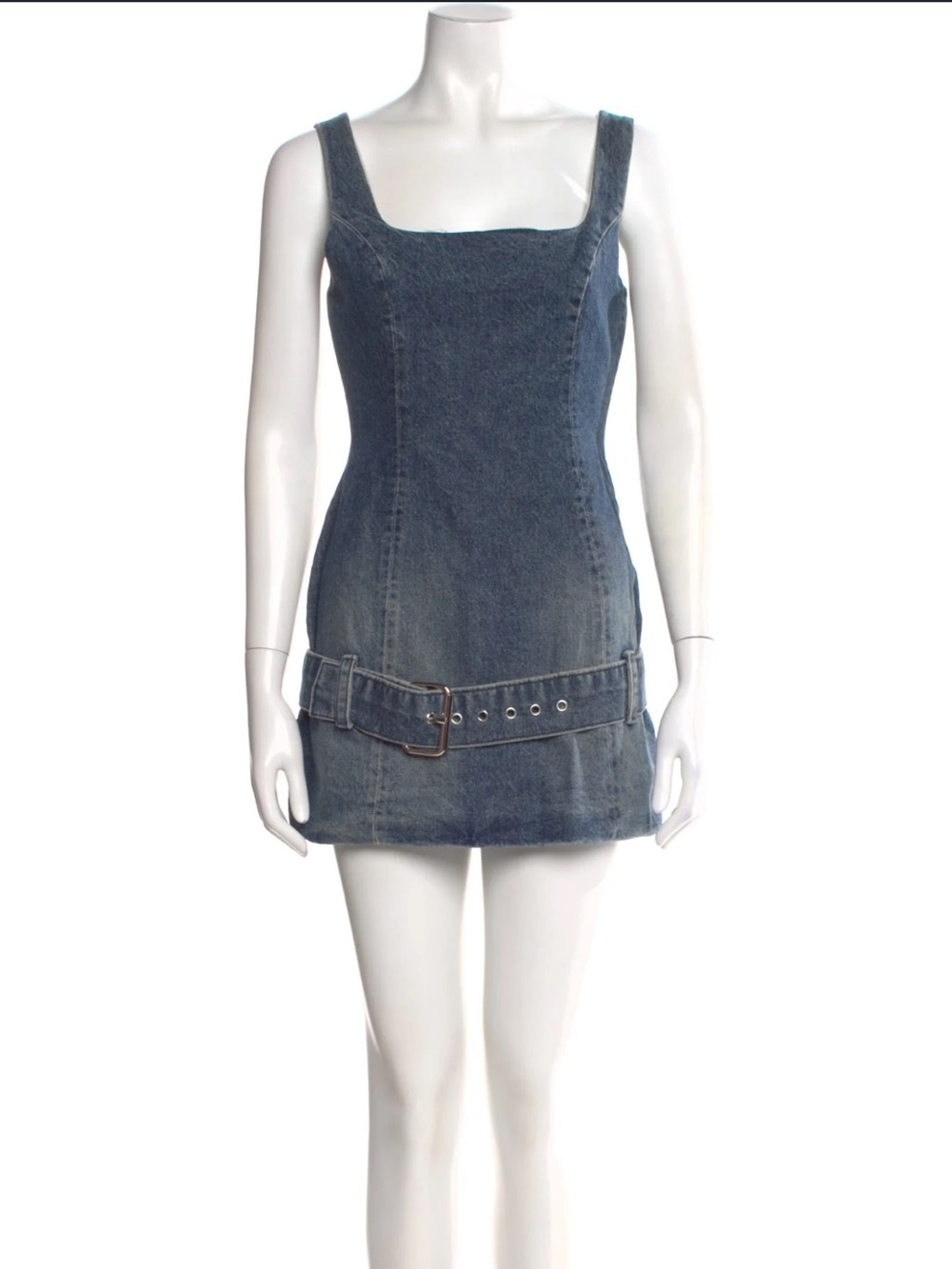 EB Denim Washed Blue Denim Mini Dress with Buckled Waist